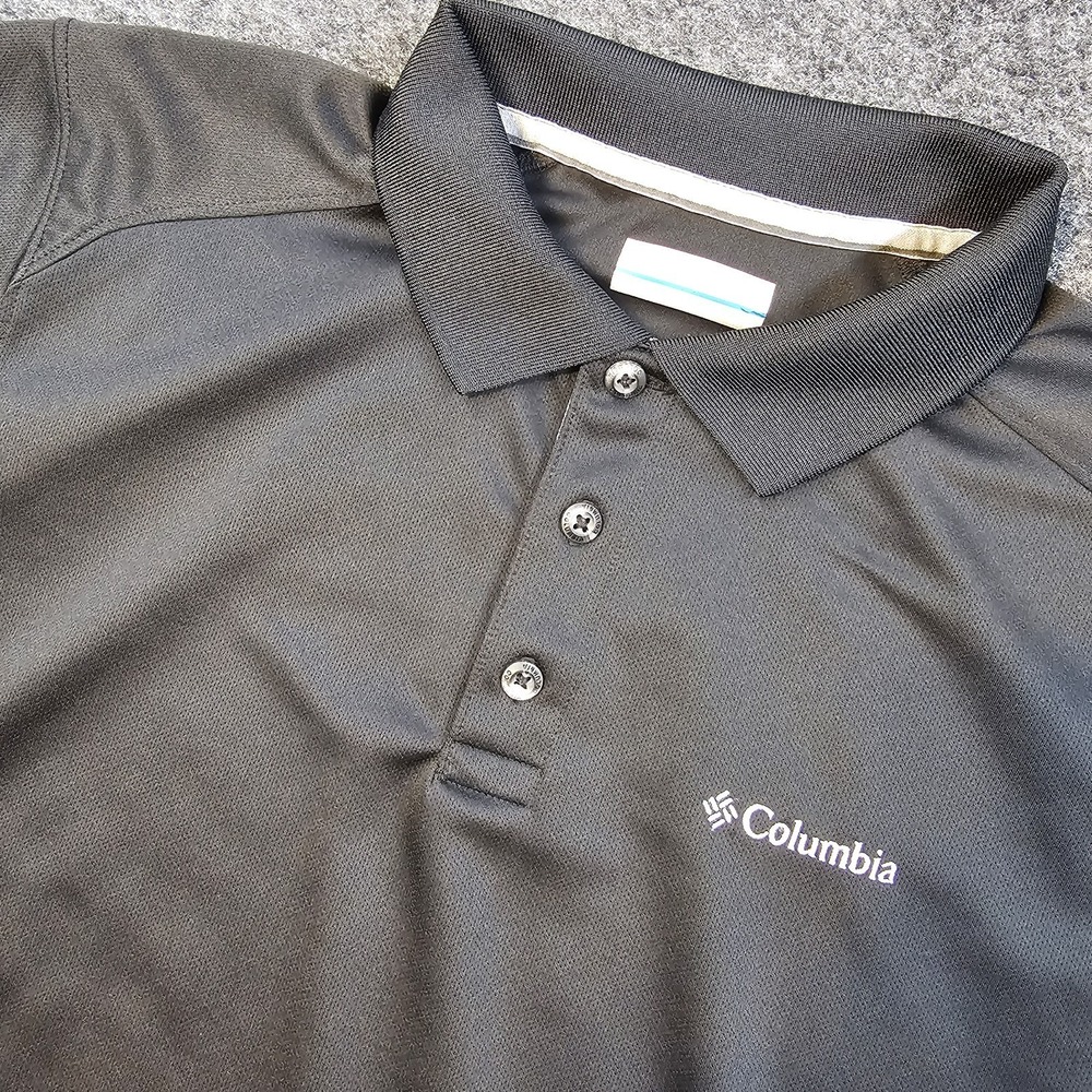 Columbia Polo Shirt Mens Medium Black Gray Performance Golf Outdoor Short Sleeve